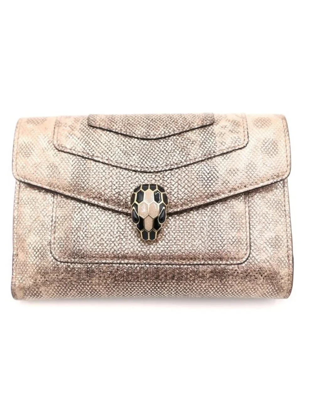 Bvlgari Serpenti Calungskin Metallic Bifold Wallet Compact Beige
